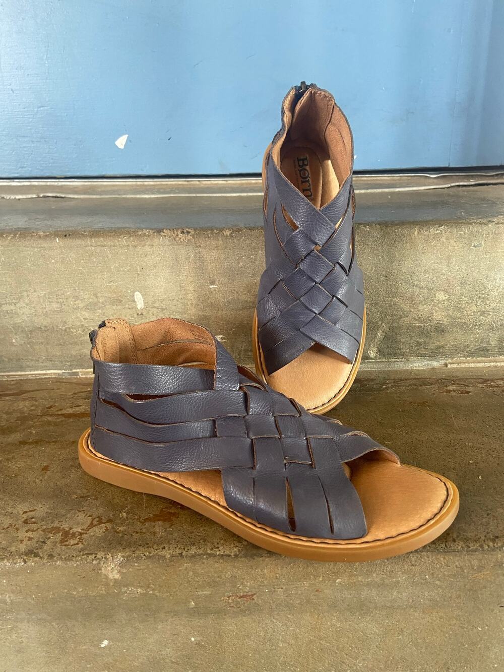 Born Iwa blue leather woven strap sandals with back zipper